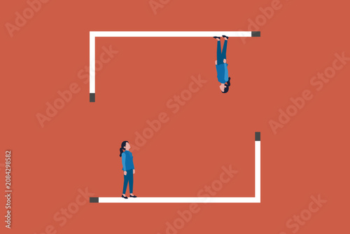 Business woman standing on different side. concept of different opinion, direction, disagreement, miscommunication and risk
