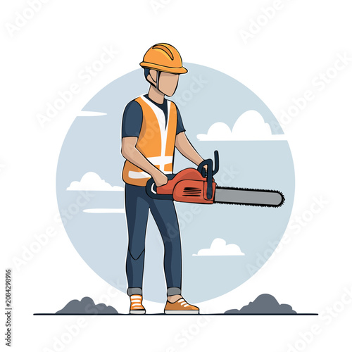 Construction worker holding chainsaw, flat vector illustration