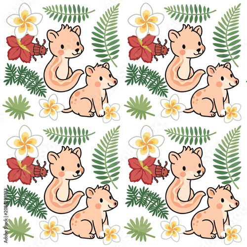 Cute cartoon animals and tropical plants pattern