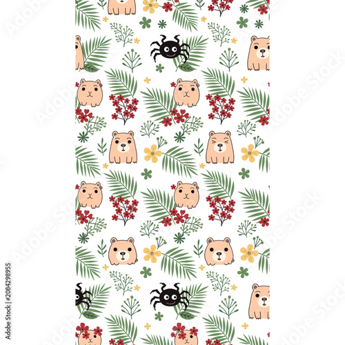 Cute cartoon bears and spiders with floral elements