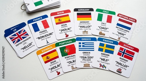 Colorful language flashcards with flags of European countries and greetings in different languages — the photo should be high-quality, sharp and detailed, with an isolated background, vibrant colors, 