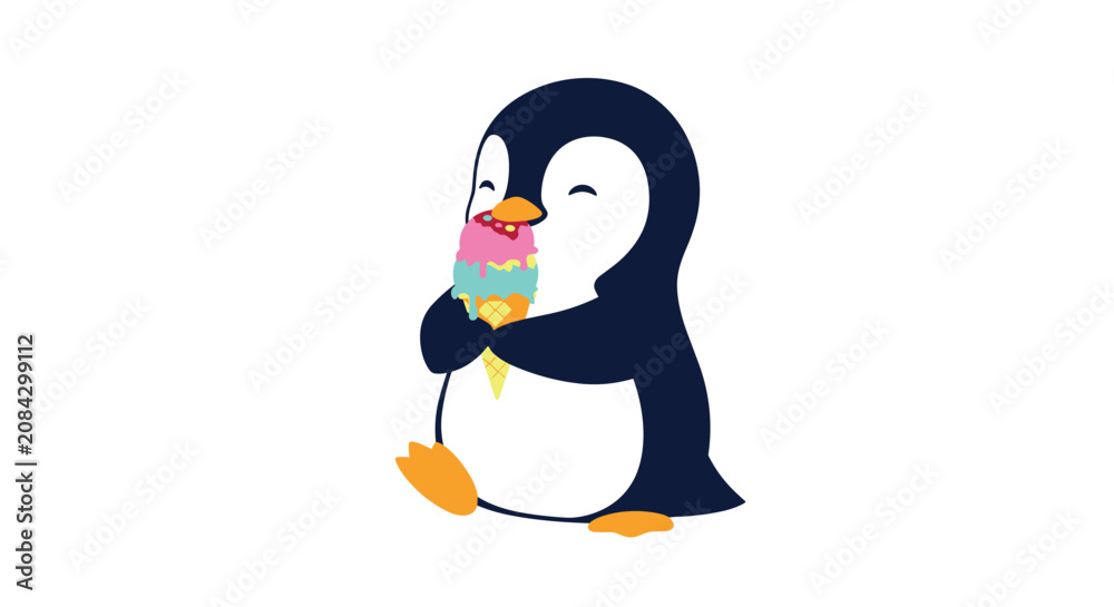Fototapeta premium Happy cartoon penguin enjoying a large three-scoop colorful ice cream cone on a clean white background.