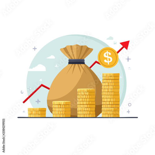 Flat illustration of money bag with coins and growth arrow