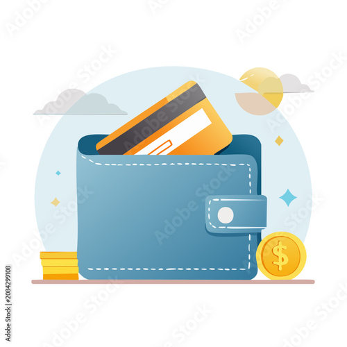 Flat vector illustration of wallet with credit card and coins