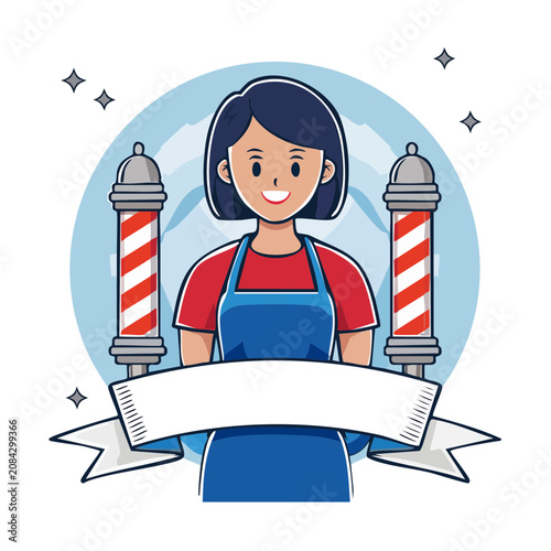 Barber shop woman with poles and banner illustration