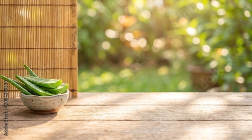 Fresh aloe vera leaves in ceramic bowl on wooden table for natural skincare wellness cosmetic product website banner.