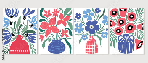Tableau sur toile Set of abstract posters with modern botanical illustrations, organic floral elem