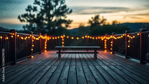 A secluded wooden deck at dusk with warm string lights, creating a serene and inviting twilight atmosphere.