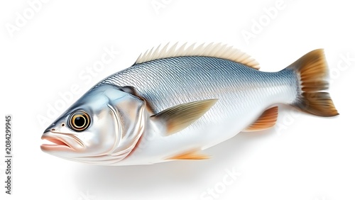 Fresh sea bass with glistening scales on white background.