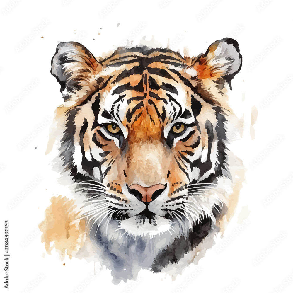 Obraz premium Tiger, elegant watercolor vector painting with refined details, isolated on a white background.
