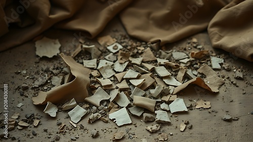 Torn fragments of historical fabric scattered on ground, muted colors symbolizing defeat and history.