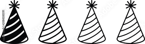Bild auf Leinwand Set of striped party hat line icons with pom poms for birthday celebration event