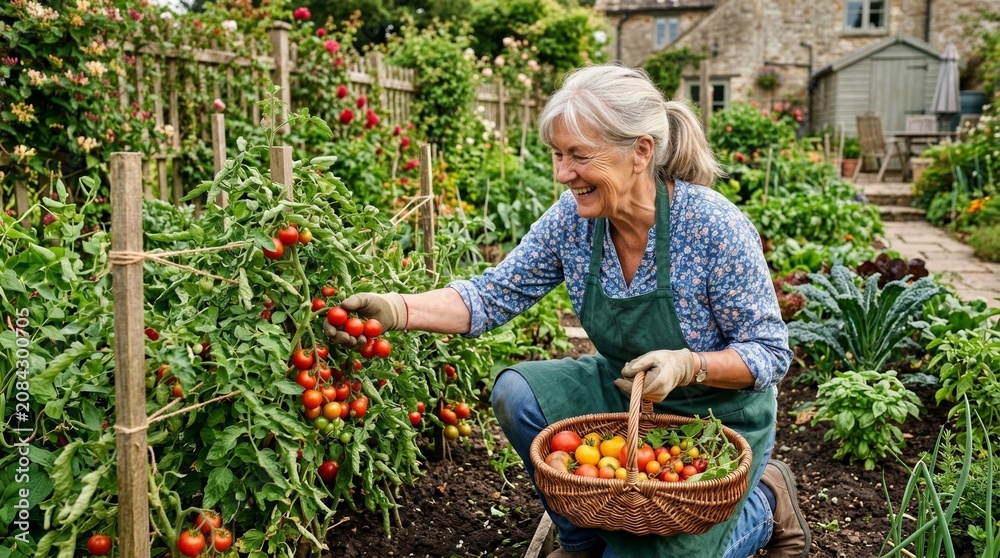 Fototapeta premium Happy Gardener Harvesting Fresh Tomatoes in Lush Organic Garden