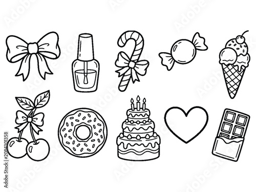Φωτογραφία Sweet food and celebration icons collection with birthday cake and candy coloring page
