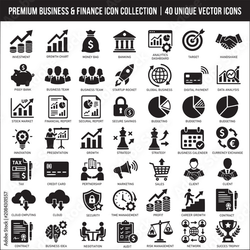 Business and Finance Icon Set, Corporate Vector Icons for Analytics, Banking, Marketing, Strategy, and Success