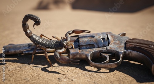 Scorpion on a rusty old revolver gun