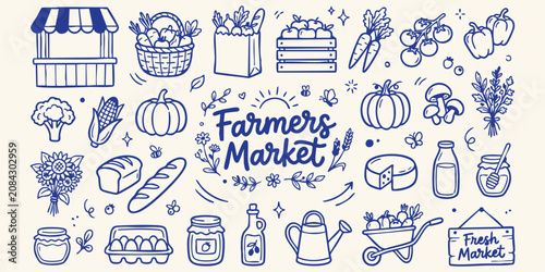 Farmers market illustration with fresh produce and artisanal goods on a light background