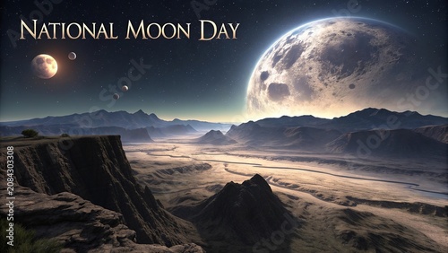 Epic panoramic artwork of luminous moons over alien landscape for National Moon Day.