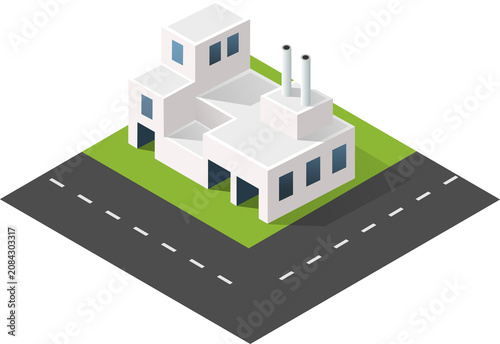 Fotografi Isometric power plant factory with chimneys on road tile