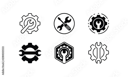 Service tool icon set, wrench and gear, settings and maintenance.