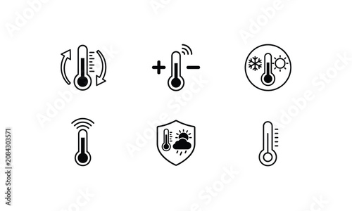 Temperature thermometer icons with various weather conditions.