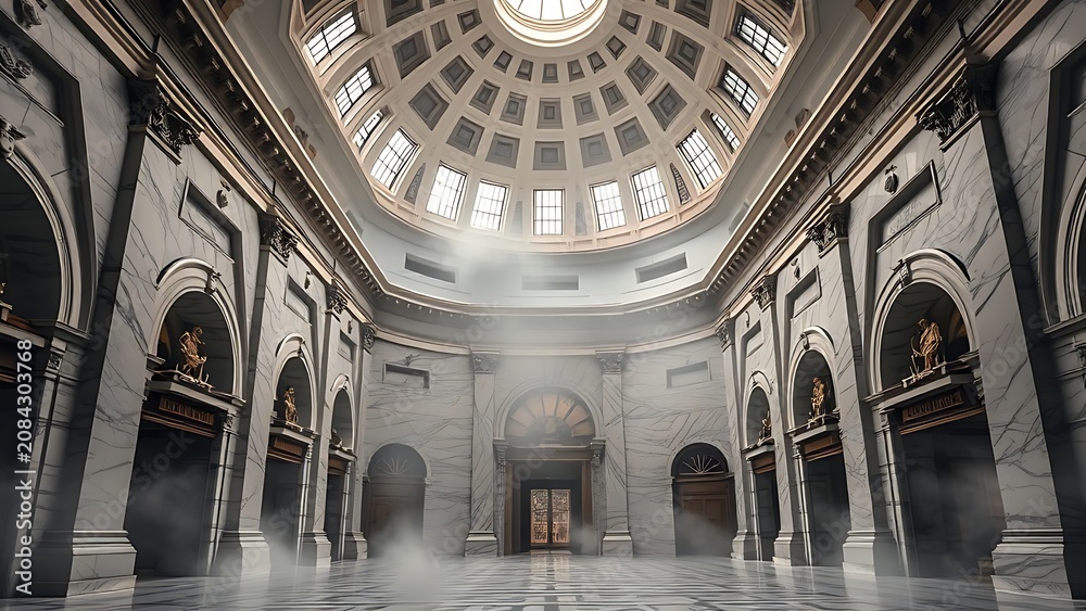 Obraz premium Steam-filled marble hall with a domed ceiling and soft diffused light from above.