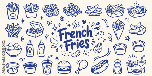 Foto Hand drawn doodle icons of french fries and fast food elements with blue ink on