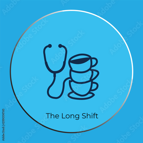 Medical Shift Coffee Icon Vector - Stethoscope and Stacked Coffee Cups Line Art Logo Design