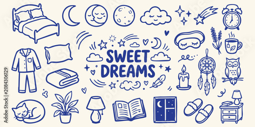 Fotografie Sweet Dreams doodle collection with sleeping cat bed moon stars and bedtime item