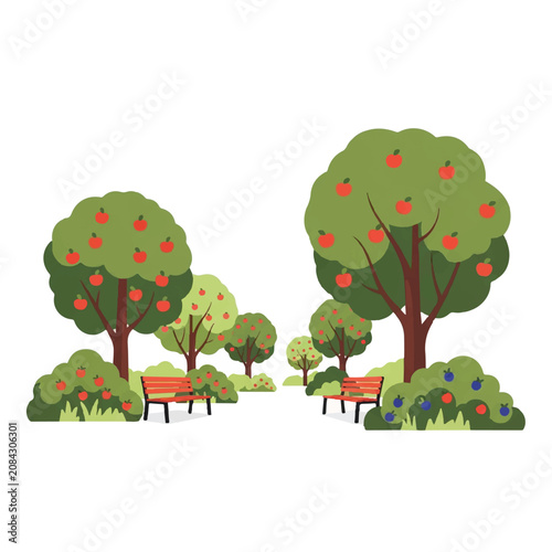 A public city park transformed into an edible forest with apple trees and berry bushes, bright morning light, inviting and communal mood, minimalist flat vector artwork, clipart style, absolute