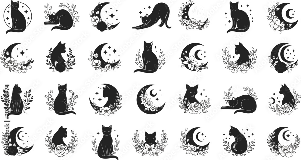 Fototapeta premium Mystical Black Cat Silhouette and Celestial Crescent Moon Icon Mega Pack with Ornate Floral Vines Roses and Sparkly Stars for Witchy Tattoos and Logo Designs