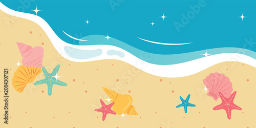 colorful beach with starfish and shell illustration