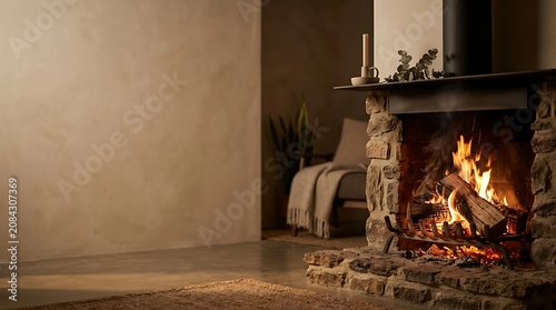 Cozy burning fireplace in a warm minimalist living room interior