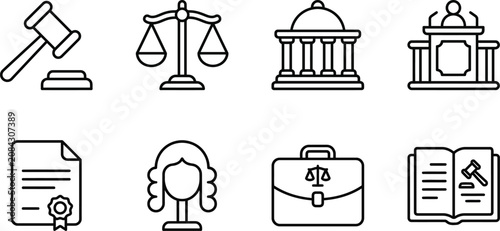 Obraz na plátně Legal Icons Set Featuring Gavel Scales Of Justice And Courthouse On A White Back