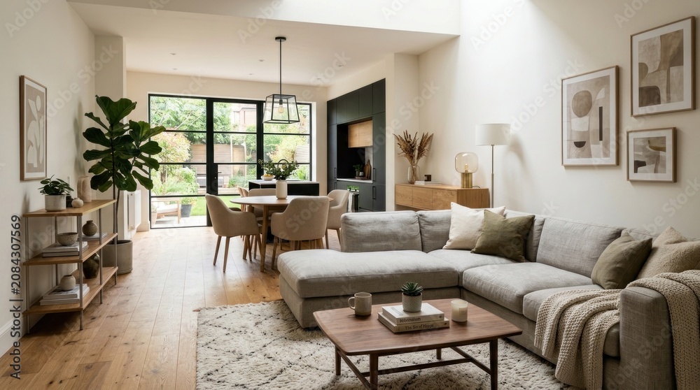 Fototapeta premium A modern, open-plan living room with a grey sofa, wooden flooring,