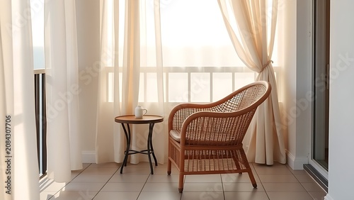 Woven rattan armchair and side table on a balcony with sheer curtains.