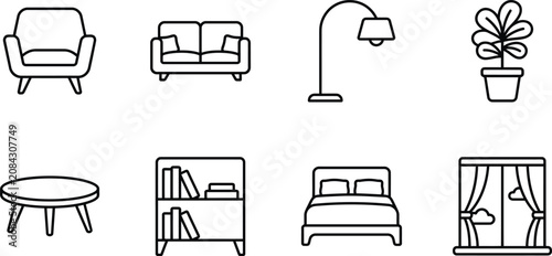 Принти на полотні Furniture Icons Collection Line Art Depiction Of Armchair Sofa Lamp And Other Ho