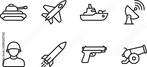 Foto Military equipment line icons depicting tanks aircraft ships and weaponry on a w