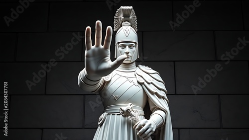 A marble sculpture of a stoic guard in white armor blocking dark shapes at a fortress wall.