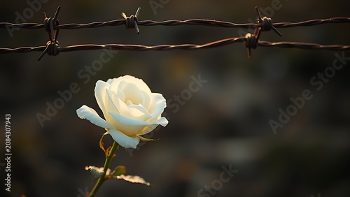 A white rose placed before a section of rusted barbed wire.