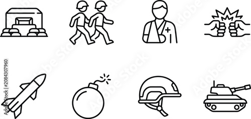 Tablou pe pânză Military Icons Set Featuring Barracks Soldiers Medic Explosion Rocket Bomb Helme