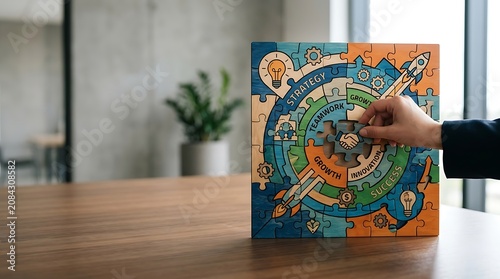 Business professional completing strategy puzzle on office desk