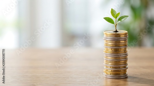 Small green sprout growing from a tall stack of coins on wood table