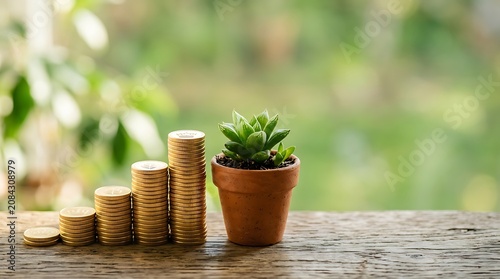 Gold coins stacked in ascending order next to a small succulent plant
