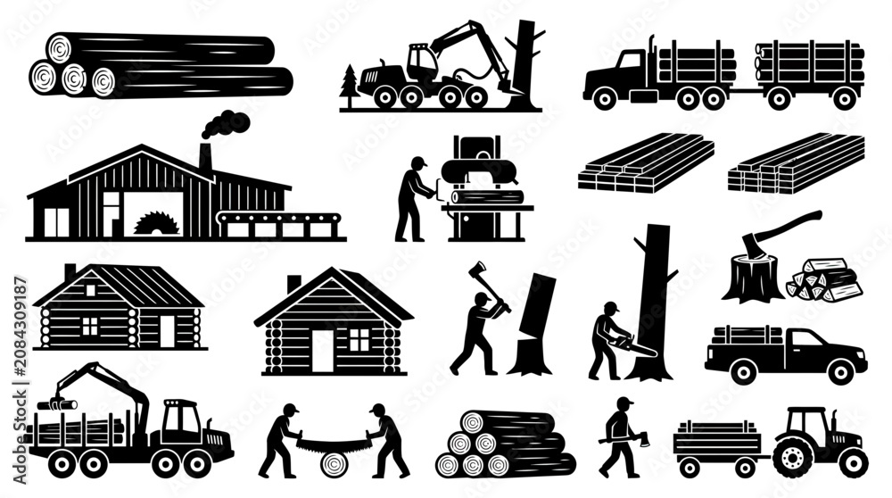 Obraz premium Wood Industry Icons: Logging, Sawmill, Forestry, Timber Transportation
