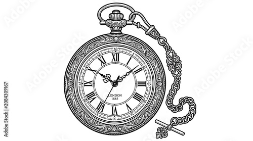 Vintage Pocket Watch with Chain and Key, Victorian Era Clock Illustration