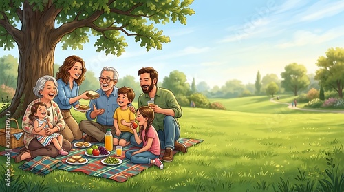 Happy multi-generational family enjoying a sunny picnic in the park