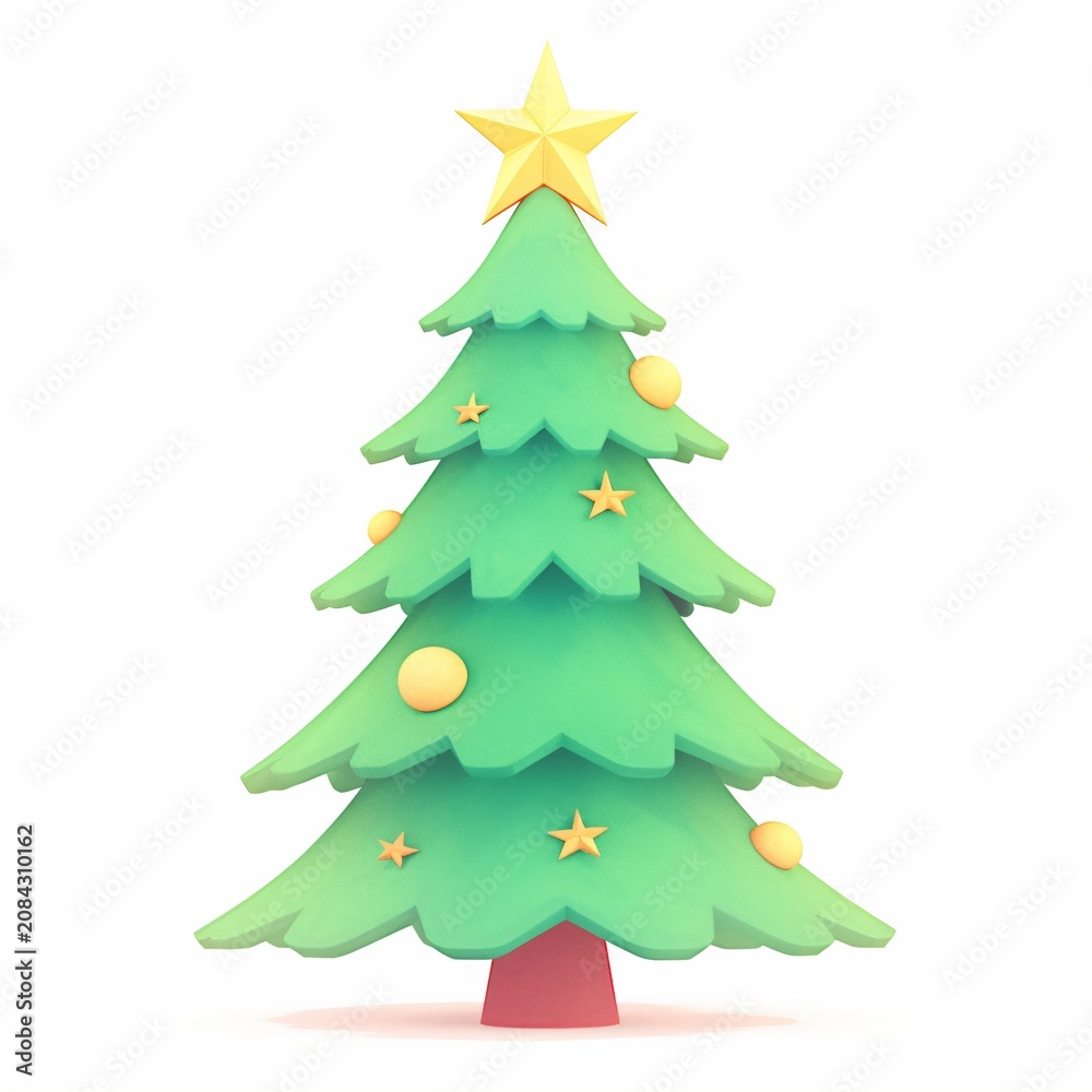 Fototapeta premium Green Christmas tree with yellow star topper and baubles. 3D rendered festive fir icon isolated on white background. Holiday decoration element for seasonal graphic design project.