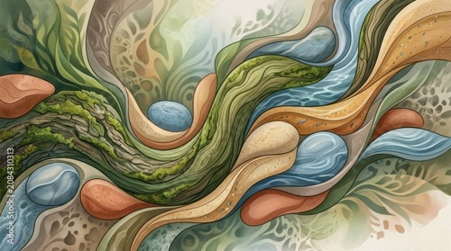 A colorful, abstract digital painting of organic shapes and textures, featuring a mix of green, brown, and beige colors, with a surreal, dreamlike quality.