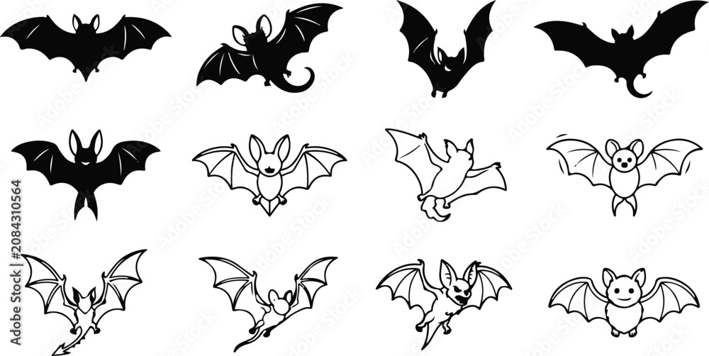Fototapeta premium Bat silhouette collection diverse wing positions for halloween gothic designs